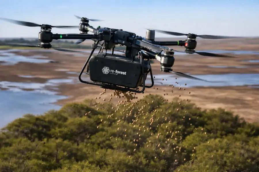 Dron de ReForest Latam dispersando cápsulas de semillas nativas sobre el monte.