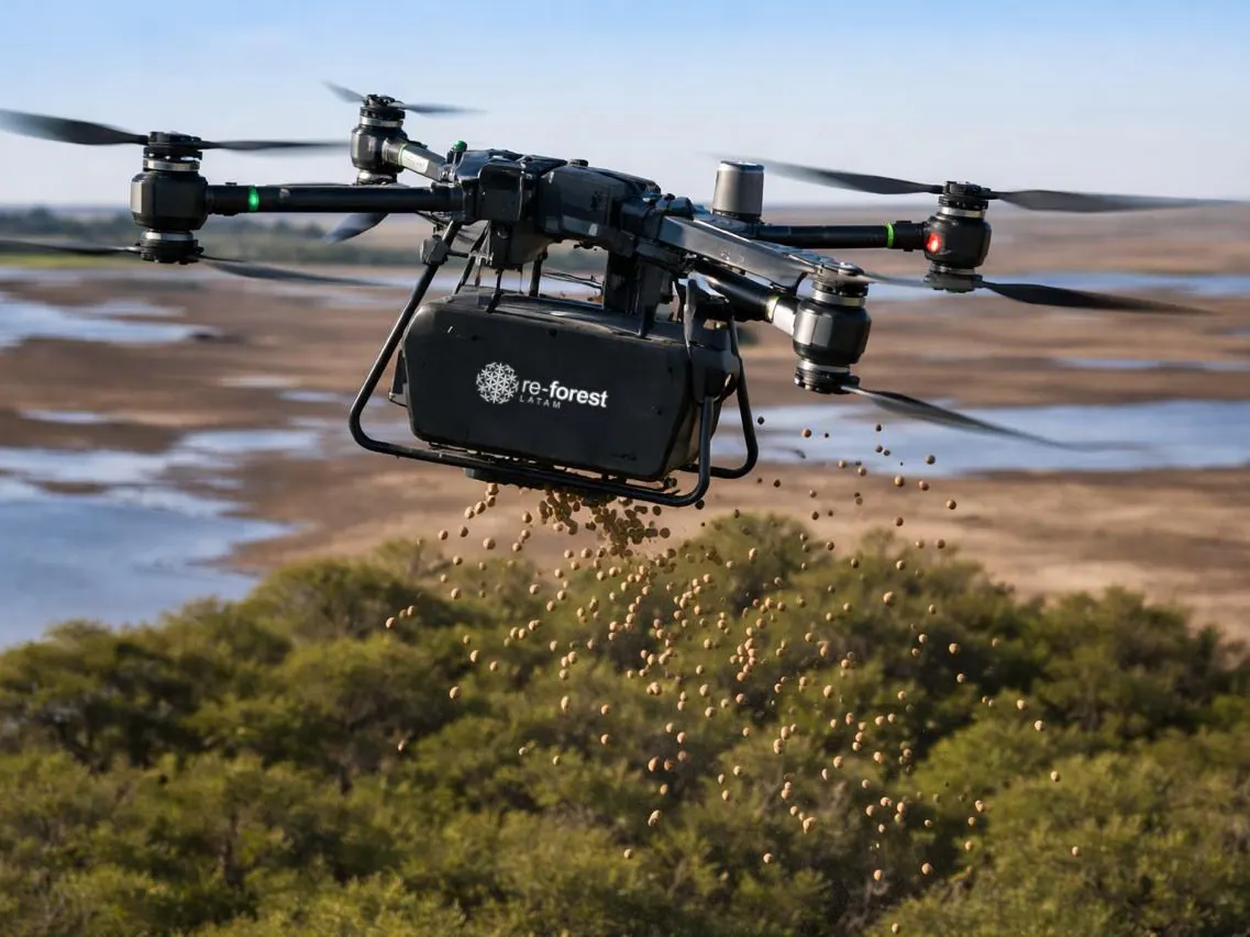 Dron de ReForest Latam dispersando semillas sobre el monte nativo
