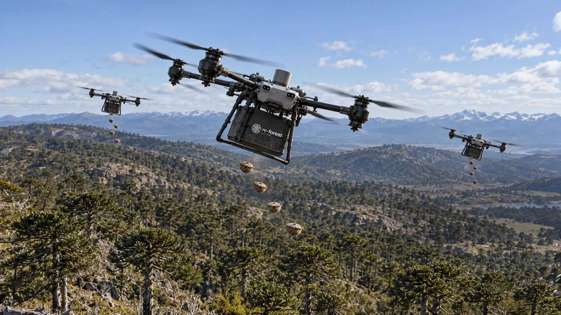 Drones de ReForest dispersando cápsulas de semillas sobre un bosque de araucarias en la Patagonia, con la cordillera nevada de fondo